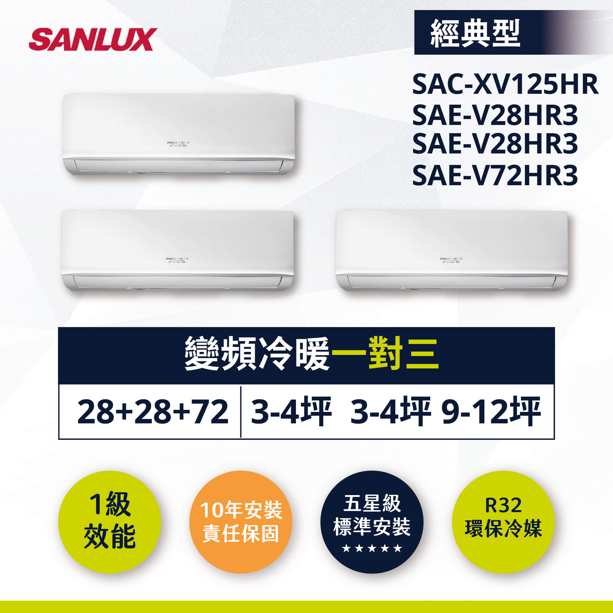 【三洋-經典型】變頻冷暖一對三SAC-XV125HR/SAE-V28HR3x2/SAE-V72HR